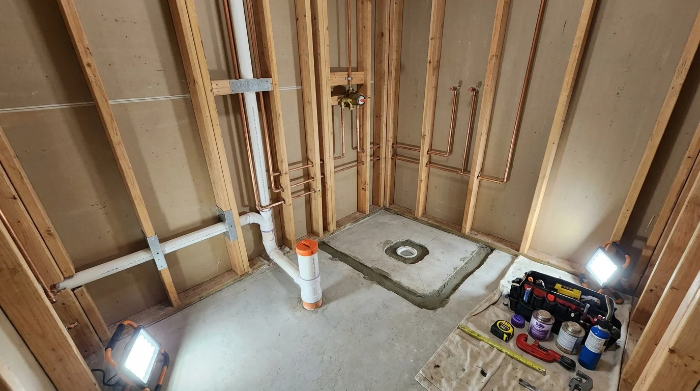 Bathroom rough-in plumbing during remodel by Johns Plumbing LLC in West Babylon