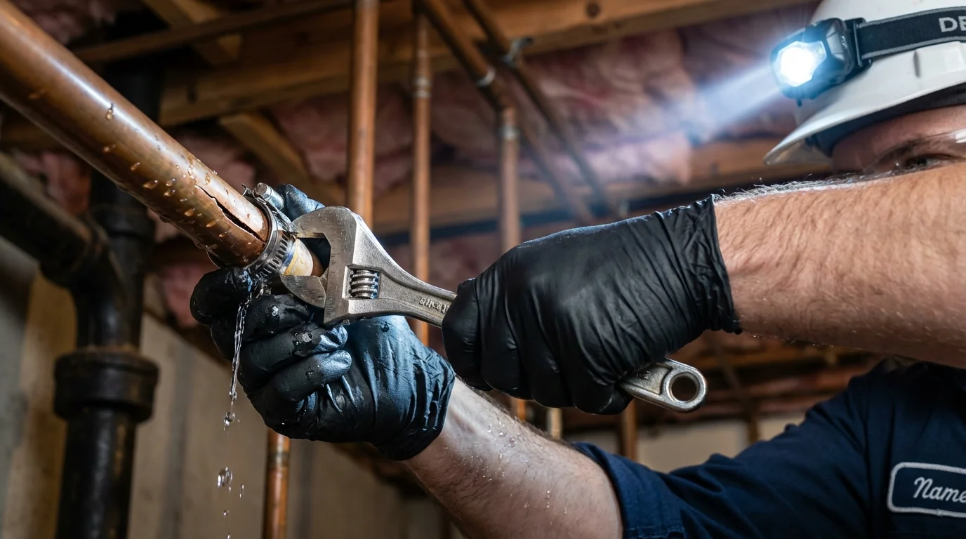 Emergency pipe clamp repair being performed by a Johns Plumbing LLC plumber in West Babylon