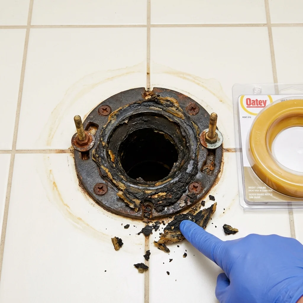 Failed wax ring showing water seepage at the base of a toilet in a West Babylon, NY home